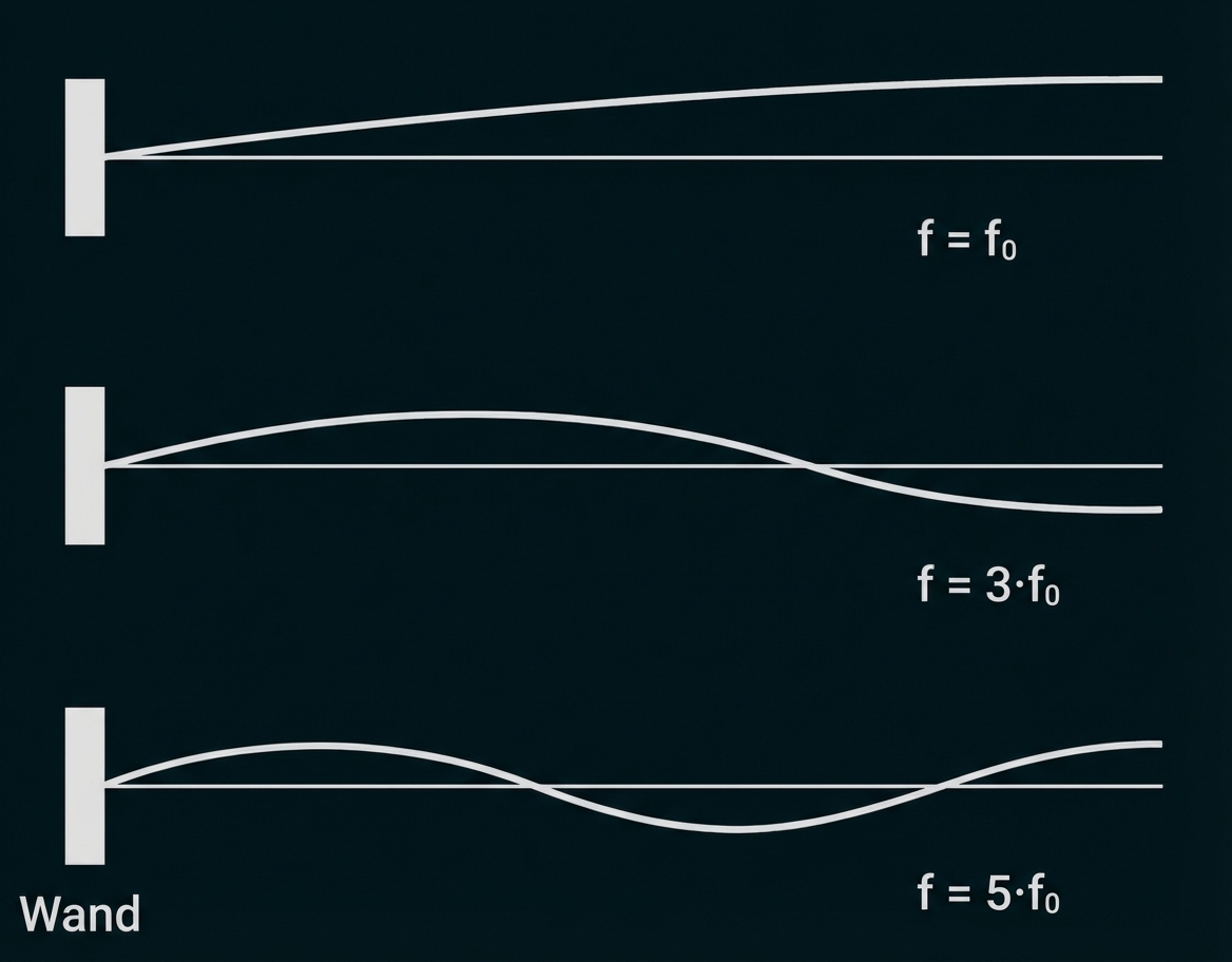 Drei stehende Wellen an einer Wand mit Grundfrequenz und höheren Harmonischen f=f0, f=3·f0, f=5·f0